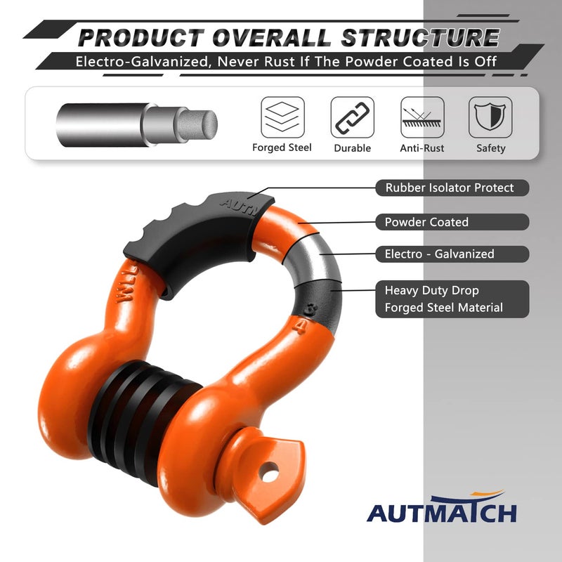 AUTMATCH D Ring Shackle 3/4"" Shackles (2 Pack) 41,887Ibs Break Strength, Clevis Shackle with 7/8"" Screw Pin and Shackle Isolator Washers Kit for Tow Strap Winch Off Road Vehicle Recovery, Orange - Image 4